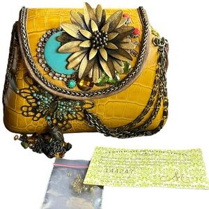 Mary Frances Dream Chaser Butterfly Tassel Beaded Shoulder Bag w Chain Yellow